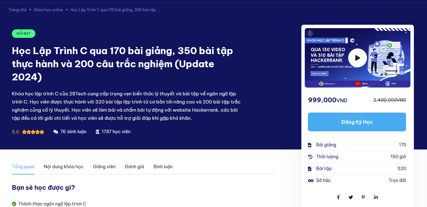 Khóa Học Lập Trình C Qua 170 Bài Giảng, 320 Bài Tập Coding Hackerrank Và 200 Câu Trắc Nghiệm Khóa Học Lập Trình C - 170 Bài Giảng, 320 Bài Tập Hackerrank 200 Câu Trắc Nghiệm - Tài Nguyên Siêu Rẻ