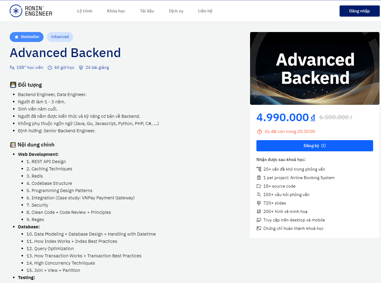 Khóa Học Advanced Backend Mới Nhất Cùng Roninhub