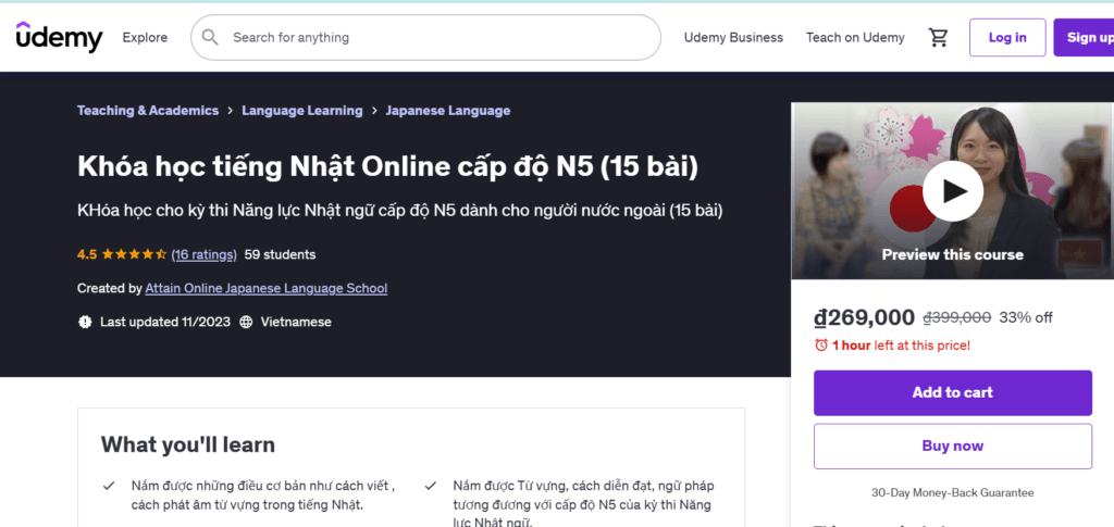Khóa Học Tiếng Nhật Online Cấp Độ N5 (15 Bài)