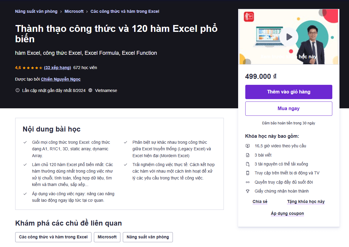 Thành Thạo Công Thức Và 120 Hàm Excel Phổ Biến